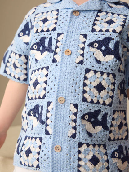 |Boy| Camiseta De Manga Curta Em Crochê Com Estampa De Tubarão Azul (12 meses a 10 anos)