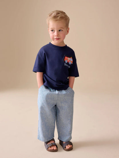 |Boy| Calças De Linho Misto Azul Chambray De Corte Amplo (3 meses a 7 anos)