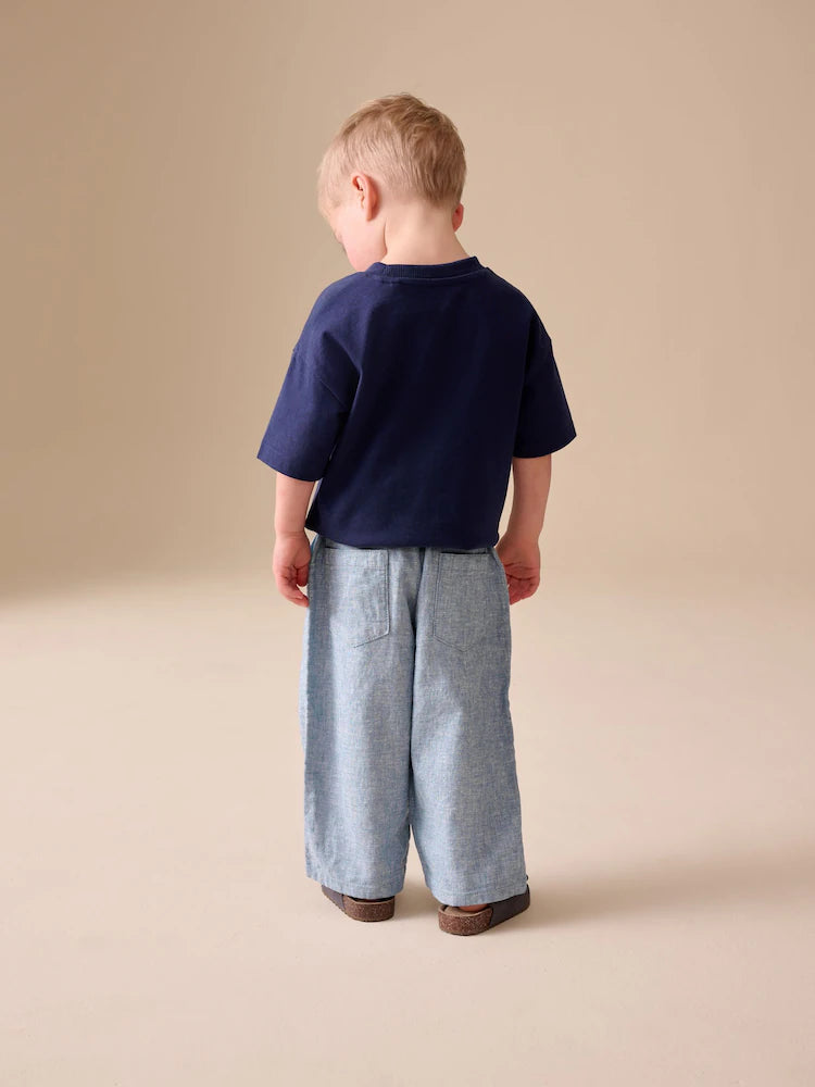 |Boy| Calças De Linho Misto Azul Chambray De Corte Amplo (3 meses a 7 anos)