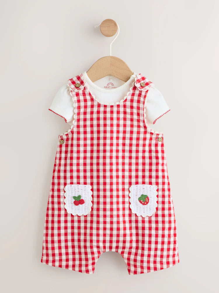 |BabyGirl| Conjunto De 2 Peças Para Bebê: Jardineira e Bodies Com Estampa Xadrez Vichy Vermelho (0 meses a 2 anos)