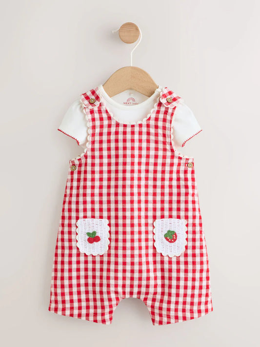 |BabyGirl| Conjunto De 2 Peças Para Bebê: Jardineira e Bodies Com Estampa Xadrez Vichy Vermelho (0 meses a 2 anos)
