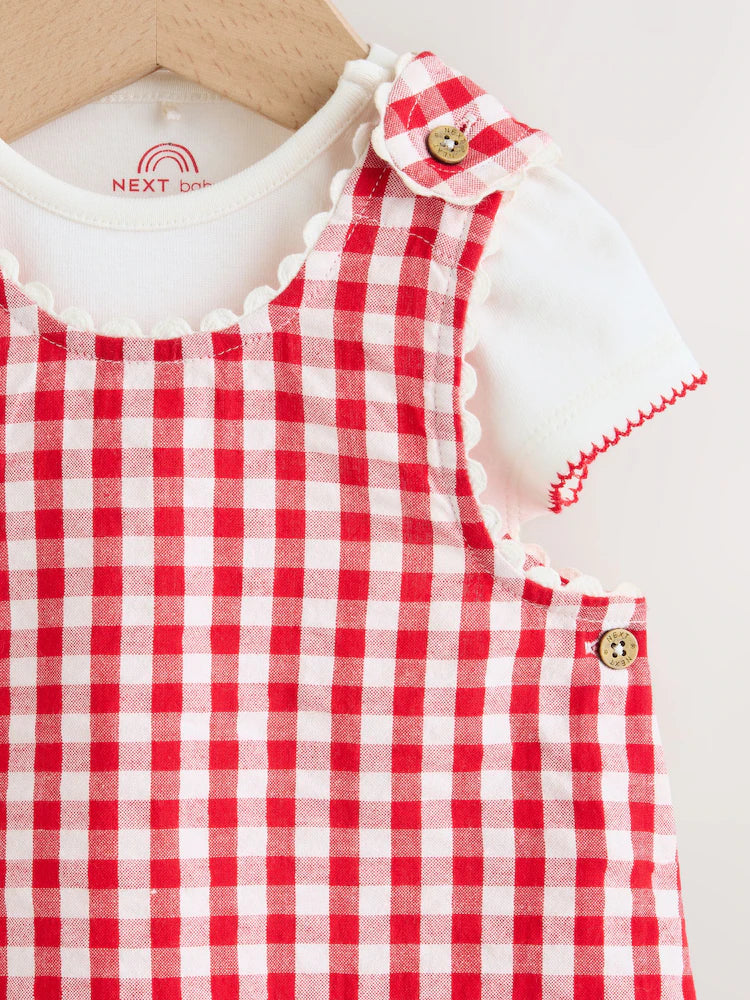 |BabyGirl| Conjunto De 2 Peças Para Bebê: Jardineira e Bodies Com Estampa Xadrez Vichy Vermelho (0 meses a 2 anos)