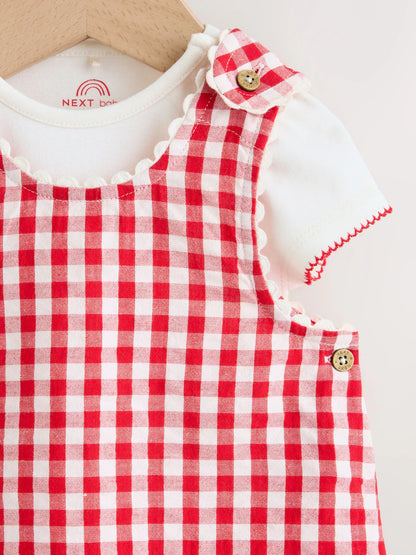 |BabyGirl| Conjunto De 2 Peças Para Bebê: Jardineira e Bodies Com Estampa Xadrez Vichy Vermelho (0 meses a 2 anos)