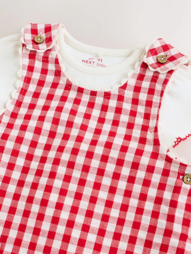 |BabyGirl| Conjunto De 2 Peças Para Bebê: Jardineira e Bodies Com Estampa Xadrez Vichy Vermelho (0 meses a 2 anos)
