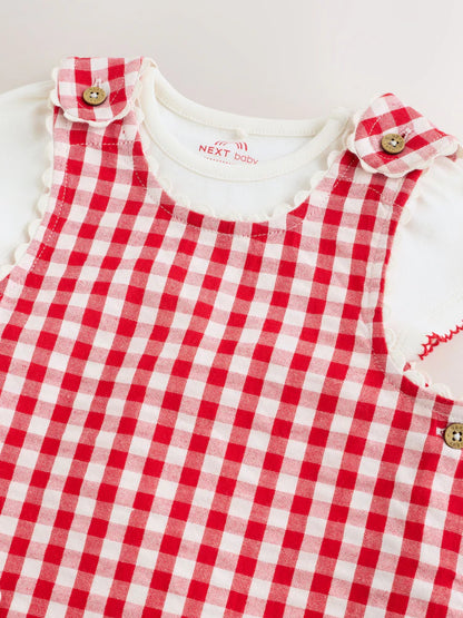 |BabyGirl| Conjunto De 2 Peças Para Bebê: Jardineira e Bodies Com Estampa Xadrez Vichy Vermelho (0 meses a 2 anos)