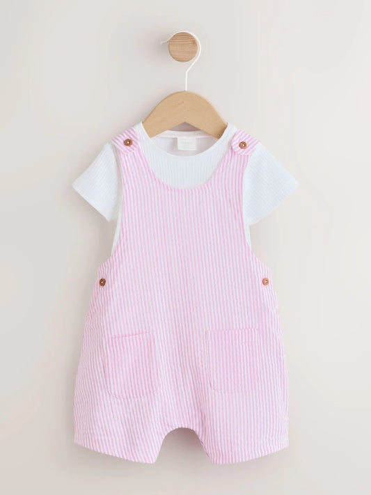 |BabyGirl| Conjunto De Jardineira e Body Listrados Rosa e Branco Para Bebê (2 peças, de 0 meses a 2 anos)