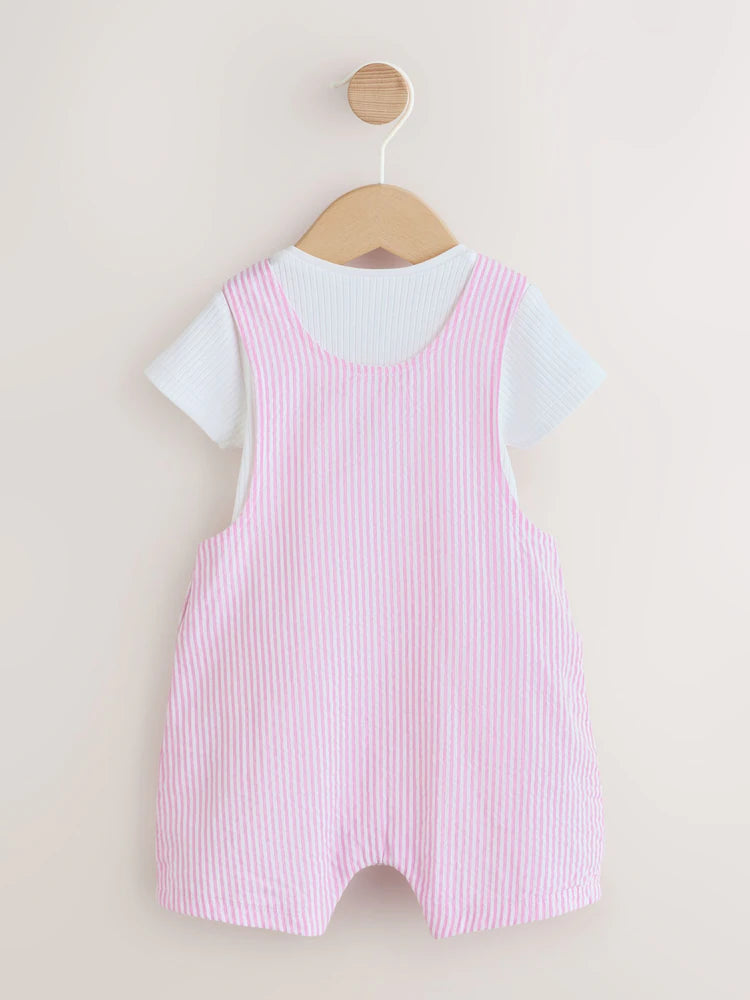 |BabyGirl| Conjunto De Jardineira e Body Listrados Rosa e Branco Para Bebê (2 peças, de 0 meses a 2 anos)