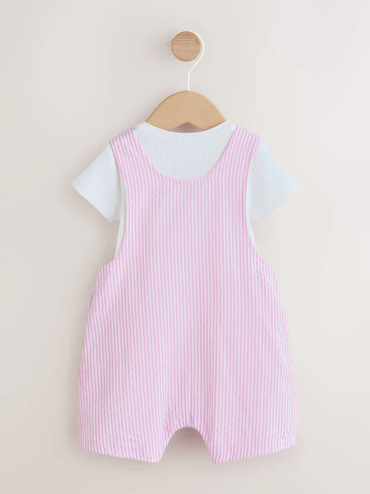 |BabyGirl| Conjunto De Jardineira e Body Listrados Rosa e Branco Para Bebê (2 peças, de 0 meses a 2 anos)