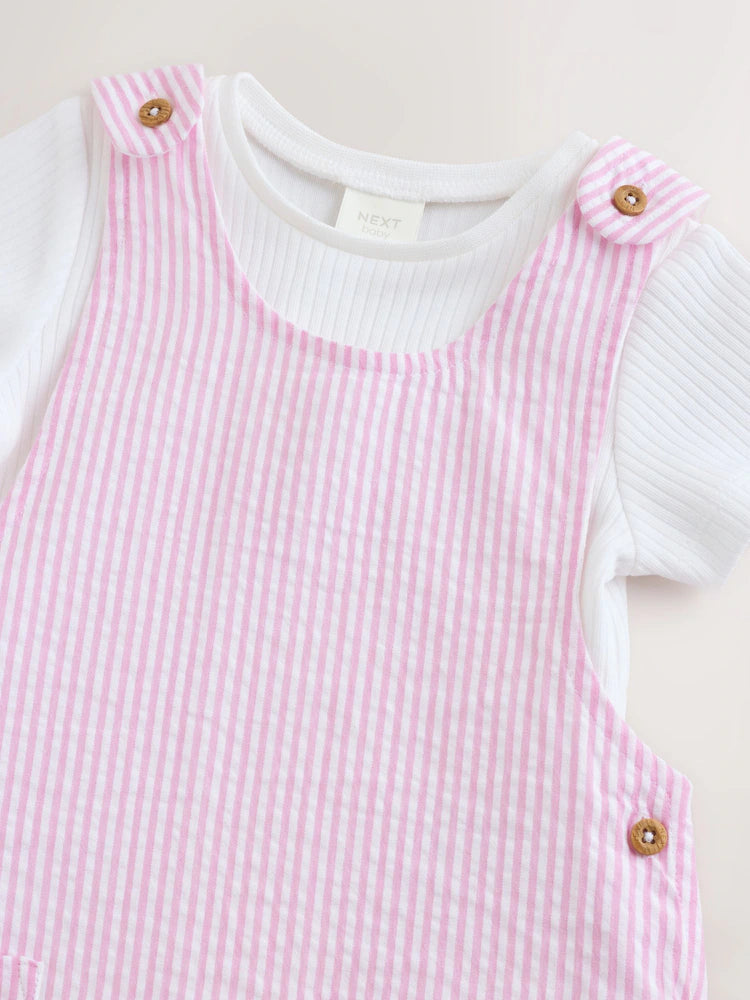 |BabyGirl| Conjunto De Jardineira e Body Listrados Rosa e Branco Para Bebê (2 peças, de 0 meses a 2 anos)