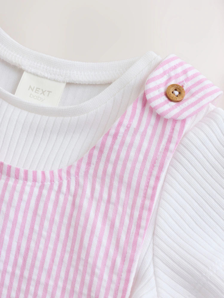 |BabyGirl| Conjunto De Jardineira e Body Listrados Rosa e Branco Para Bebê (2 peças, de 0 meses a 2 anos)