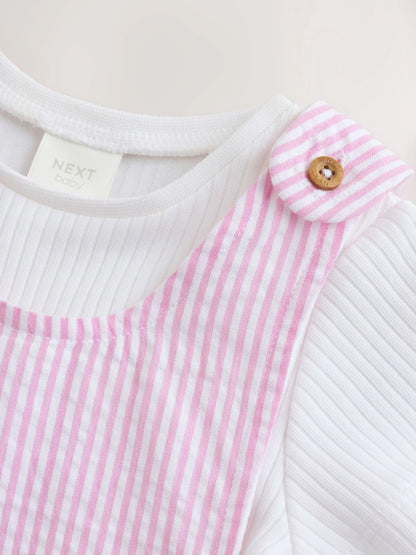 |BabyGirl| Conjunto De Jardineira e Body Listrados Rosa e Branco Para Bebê (2 peças, de 0 meses a 2 anos)