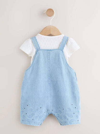 |BabyGirl| Conjunto De Jardineira e Body Bordados Em Azul Jeans Para Bebês (0 meses a 3 anos).
