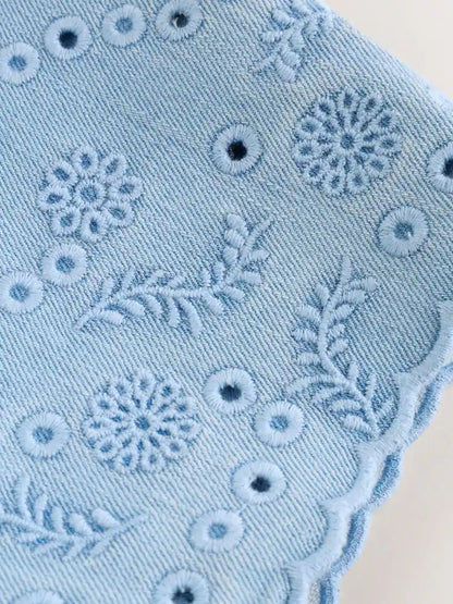 |BabyGirl| Conjunto De Jardineira e Body Bordados Em Azul Jeans Para Bebês (0 meses a 3 anos).