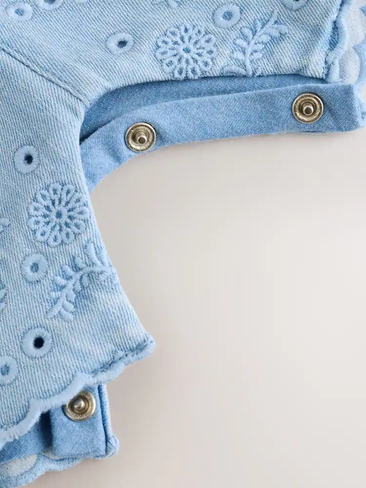 |BabyGirl| Conjunto De Jardineira e Body Bordados Em Azul Jeans Para Bebês (0 meses a 3 anos).
