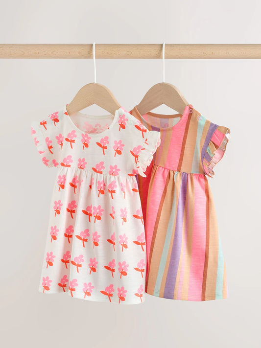 |BabyGirl| Conjunto Com 2 Vestidos De Manga Curta Para Bebê, Estampa Floral Branca e Listras rosa (0 meses a 3 anos)