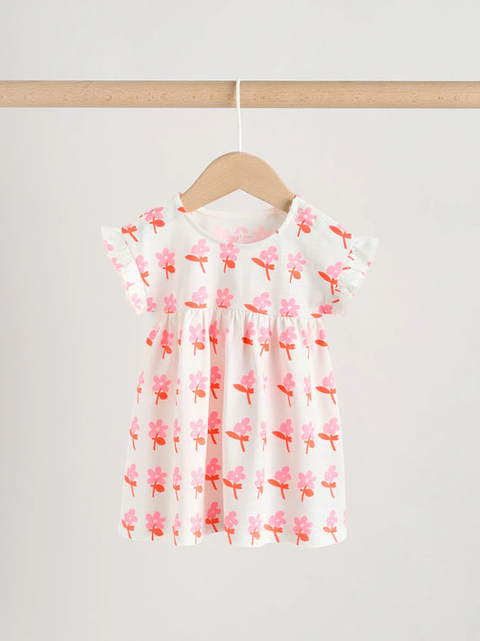 |BabyGirl| Conjunto Com 2 Vestidos De Manga Curta Para Bebê, Estampa Floral Branca e Listras rosa (0 meses a 3 anos)