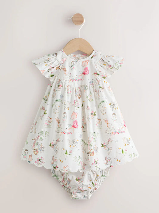 |BabyGirl| Conjunto De Vestido e Calcinha De Bebê Em Tecido Branco Com Estampa De Personagens (2 peças, de 0 meses a 2 anos)