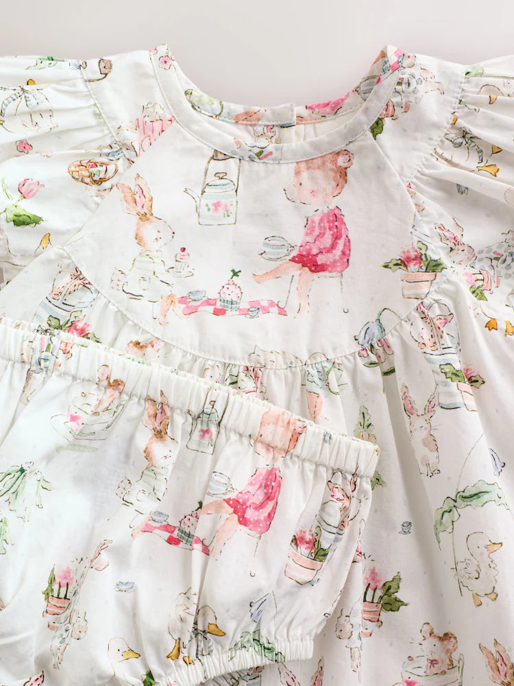 |BabyGirl| Conjunto De Vestido e Calcinha De Bebê Em Tecido Branco Com Estampa De Personagens (2 peças, de 0 meses a 2 anos)