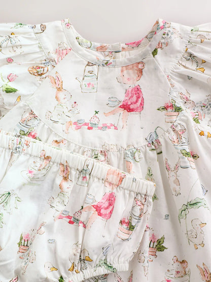 |BabyGirl| Conjunto De Vestido e Calcinha De Bebê Em Tecido Branco Com Estampa De Personagens (2 peças, de 0 meses a 2 anos)