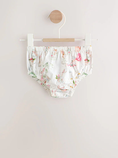 |BabyGirl| Conjunto De Vestido e Calcinha De Bebê Em Tecido Branco Com Estampa De Personagens (2 peças, de 0 meses a 2 anos)