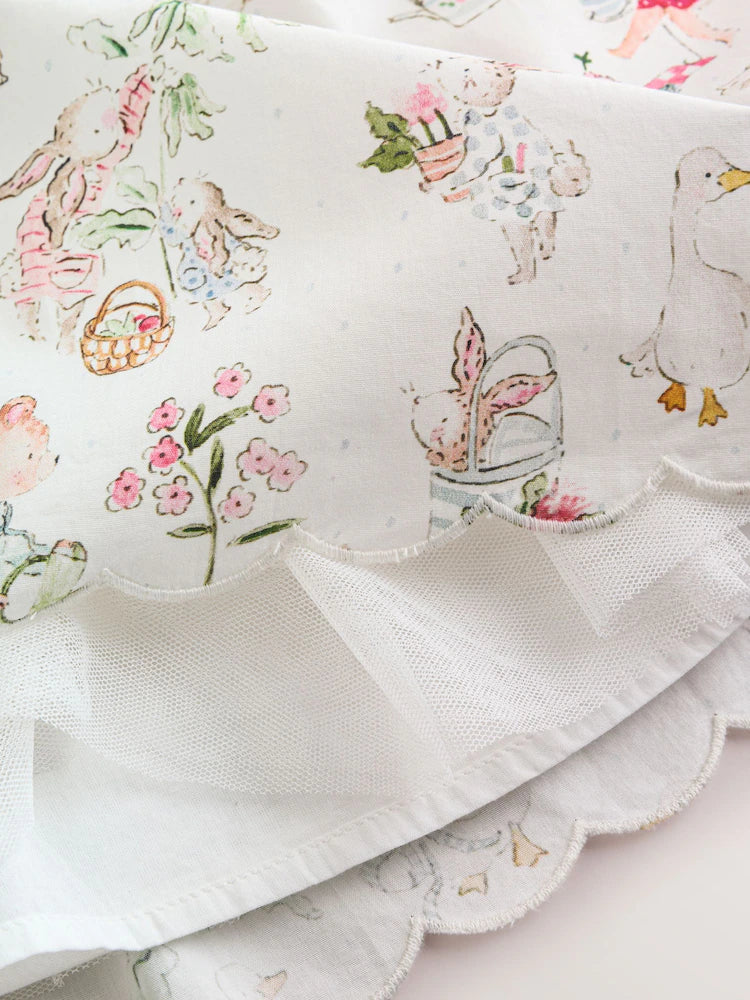 |BabyGirl| Conjunto De Vestido e Calcinha De Bebê Em Tecido Branco Com Estampa De Personagens (2 peças, de 0 meses a 2 anos)