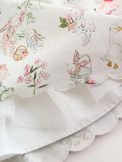|BabyGirl| Conjunto De Vestido e Calcinha De Bebê Em Tecido Branco Com Estampa De Personagens (2 peças, de 0 meses a 2 anos)