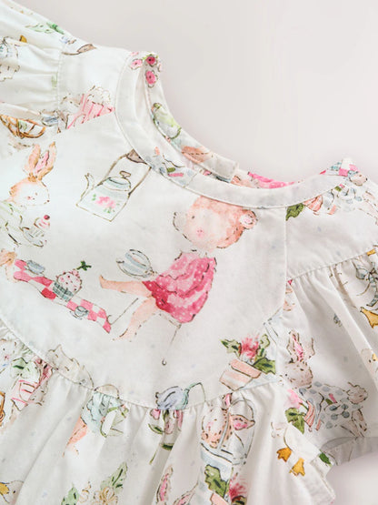 |BabyGirl| Conjunto De Vestido e Calcinha De Bebê Em Tecido Branco Com Estampa De Personagens (2 peças, de 0 meses a 2 anos)