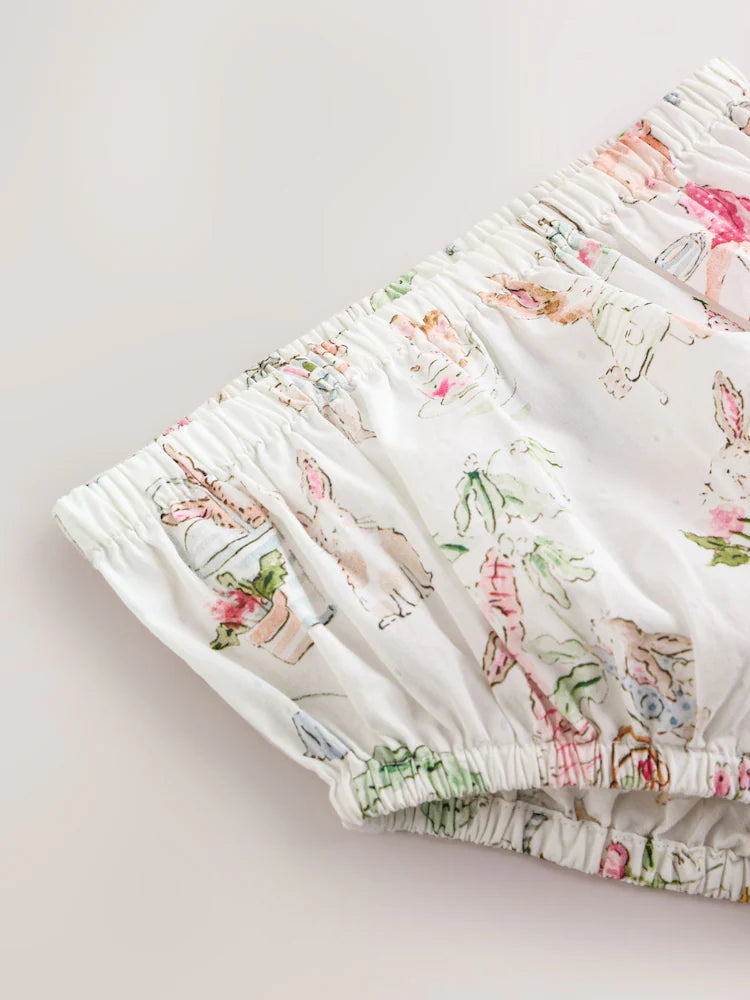 |BabyGirl| Conjunto De Vestido e Calcinha De Bebê Em Tecido Branco Com Estampa De Personagens (2 peças, de 0 meses a 2 anos)