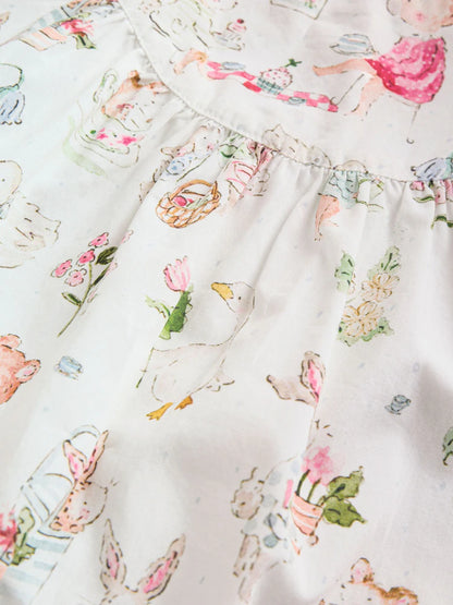 |BabyGirl| Conjunto De Vestido e Calcinha De Bebê Em Tecido Branco Com Estampa De Personagens (2 peças, de 0 meses a 2 anos)