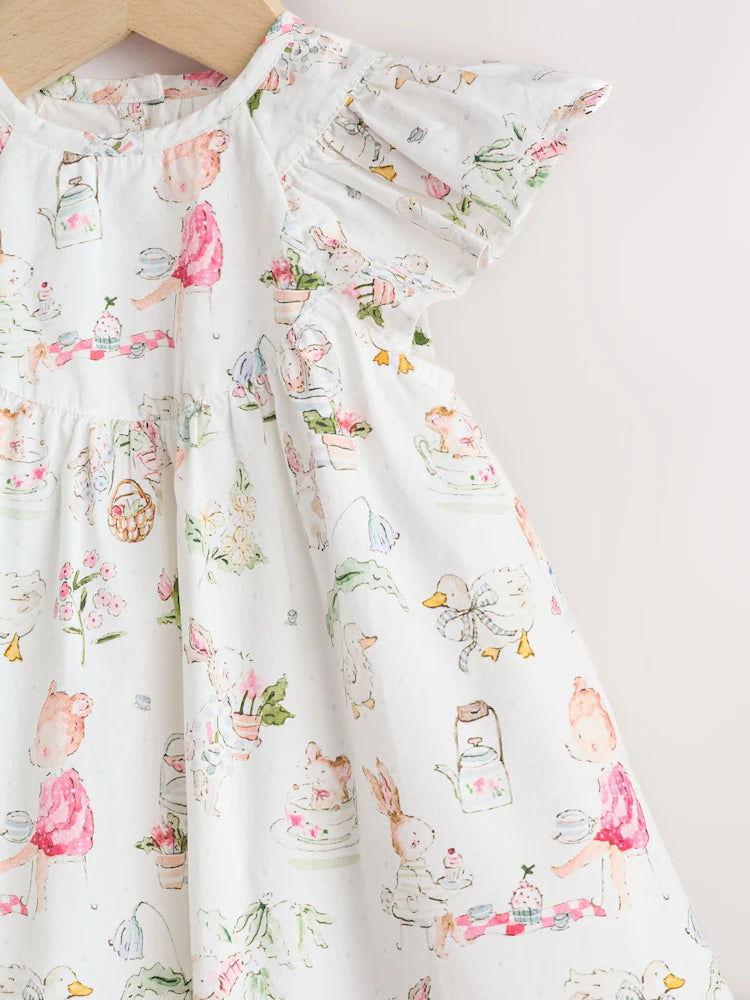 |BabyGirl| Conjunto De Vestido e Calcinha De Bebê Em Tecido Branco Com Estampa De Personagens (2 peças, de 0 meses a 2 anos)