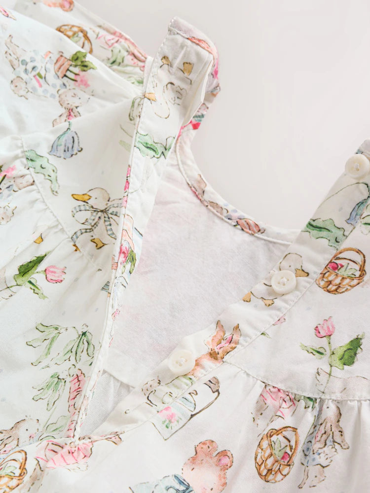 |BabyGirl| Conjunto De Vestido e Calcinha De Bebê Em Tecido Branco Com Estampa De Personagens (2 peças, de 0 meses a 2 anos)