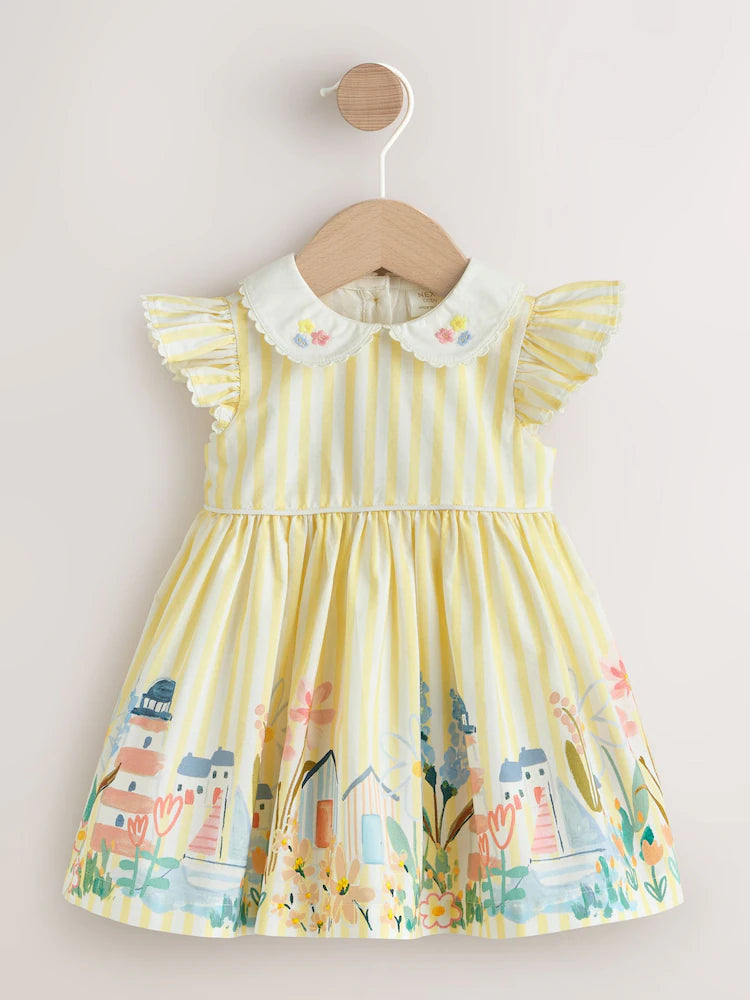 |BabyGirl| Vestido de Bebê em Tecido Yellow Scene (0 meses a 2 anos)