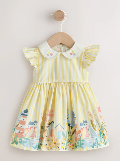 |BabyGirl| Vestido de Bebê em Tecido Yellow Scene (0 meses a 2 anos)