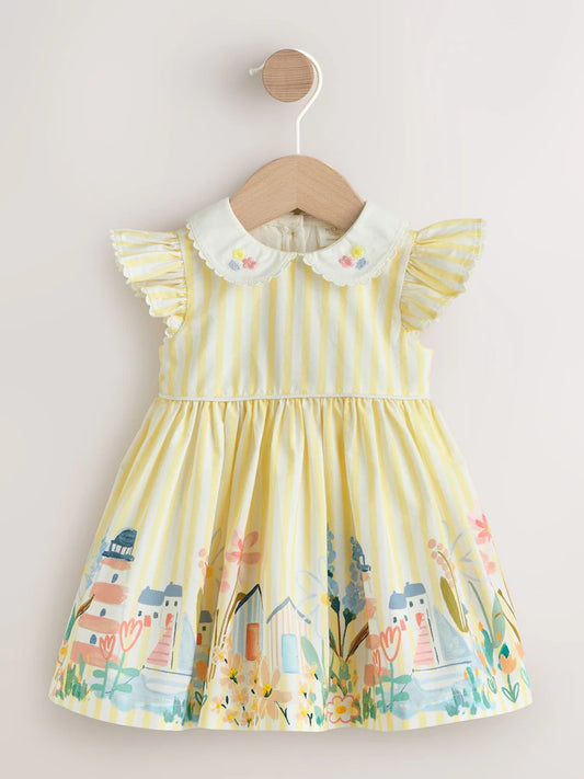 |BabyGirl| Vestido de Bebê em Tecido Yellow Scene (0 meses a 2 anos)