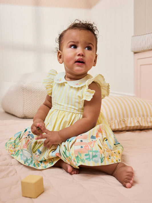|BabyGirl| Vestido de Bebê em Tecido Yellow Scene (0 meses a 2 anos)