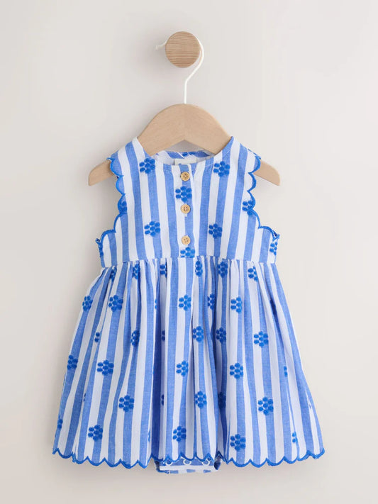 |BabyGirl| Vestido Infantil De Tecido Listrado Azul Com Body Integrado (0 meses a 2 anos)