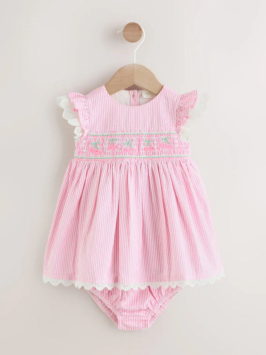 |BabyGirl| Conjunto De Vestido e Calcinha Listrados Rosa Para Bebê (0 meses a 2 anos)