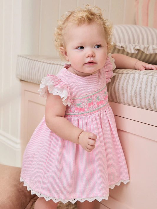 |BabyGirl| Conjunto De Vestido e Calcinha Listrados Rosa Para Bebê (0 meses a 2 anos)