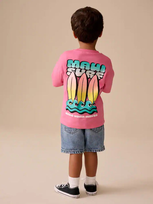 |Boy| Camiseta Rosa De Manga Curta Com Estampa De Prancha De Surf Nas Costas (3 meses a 7 anos)
