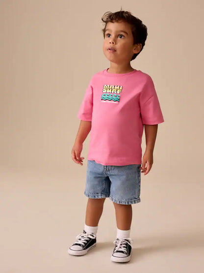 |Boy| Camiseta Rosa De Manga Curta Com Estampa De Prancha De Surf Nas Costas (3 meses a 7 anos)