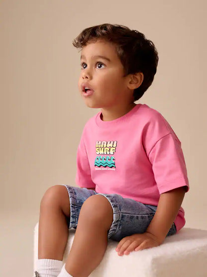 |Boy| Camiseta Rosa De Manga Curta Com Estampa De Prancha De Surf Nas Costas (3 meses a 7 anos)