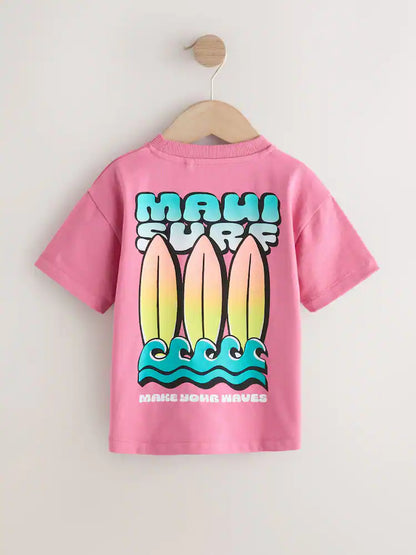 |Boy| Camiseta Rosa De Manga Curta Com Estampa De Prancha De Surf Nas Costas (3 meses a 7 anos)
