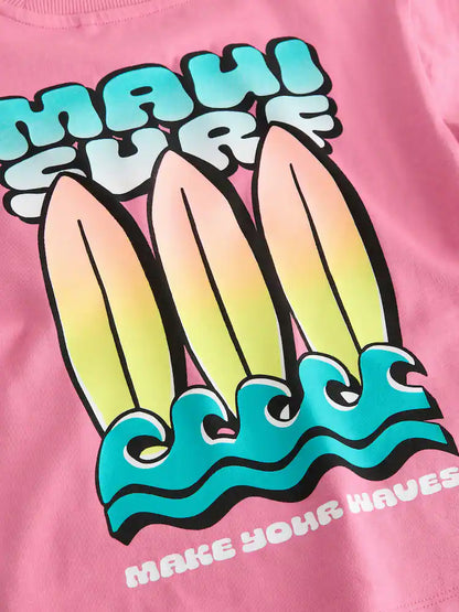 |Boy| Camiseta Rosa De Manga Curta Com Estampa De Prancha De Surf Nas Costas (3 meses a 7 anos)