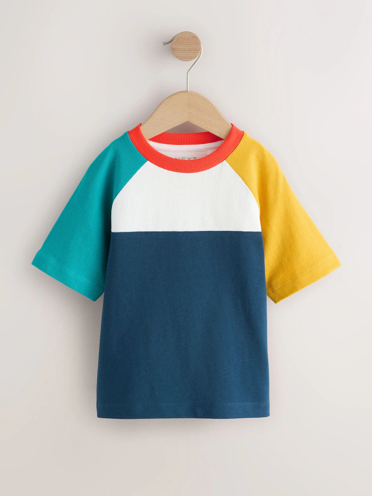 |Boy| Camiseta De Manga Curta Com Blocos De Dores Em Azul Marinho, Azul e Amarelo (3 meses a 7 anos)