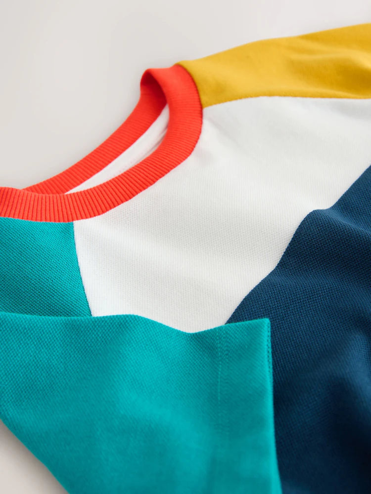 |Boy| Camiseta De Manga Curta Com Blocos De Dores Em Azul Marinho, Azul e Amarelo (3 meses a 7 anos)