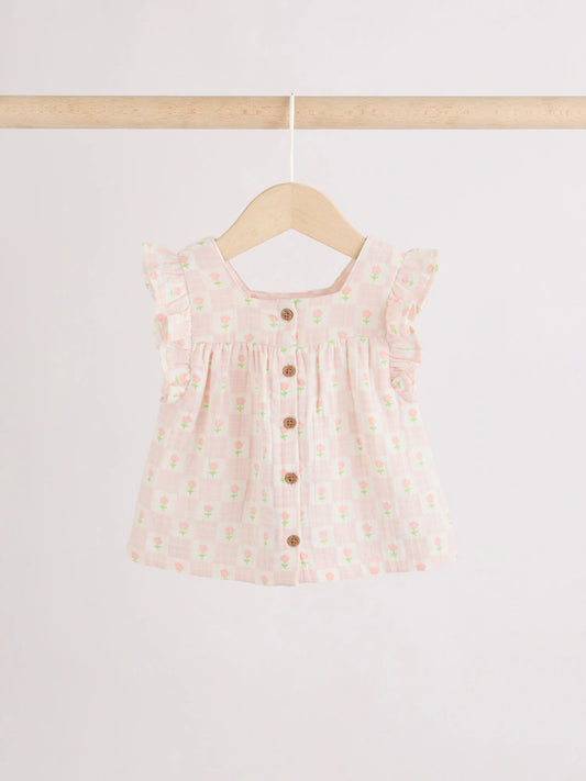 |BabyGirl| Conjunto De 2 Peças Para Bebê, Composto Por Top e Shorts Em Tecido Texturizado Rosa e Bege Com Estampa Floral (0 meses a 2 anos)