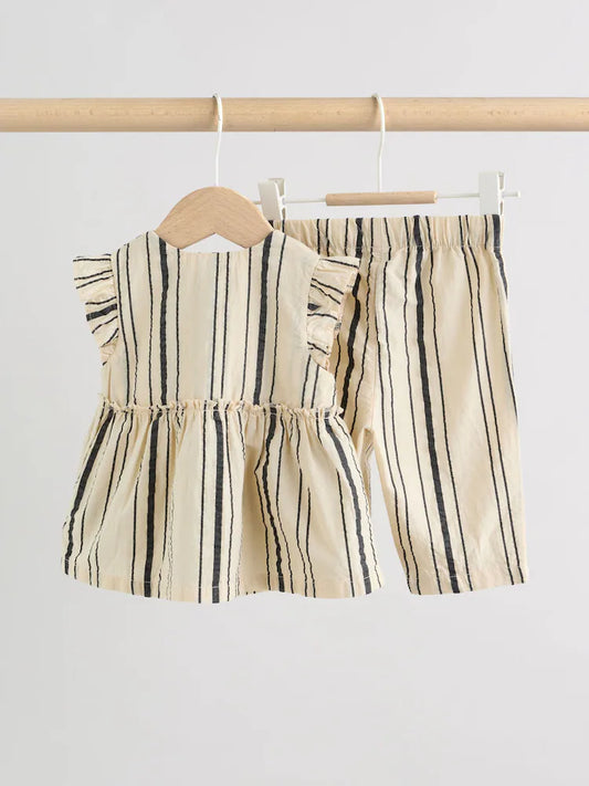 |BabyGirl| Conjunto De Blusa e Calça Listradas Em Preto e Branco Para Bebê (2 peças, de 0 meses a 2 anos)