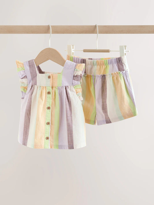 |BabyGirl| Conjunto De Blusa e Shorts Listrados Para Bebê (2 peças, 0 meses a 2 anos)