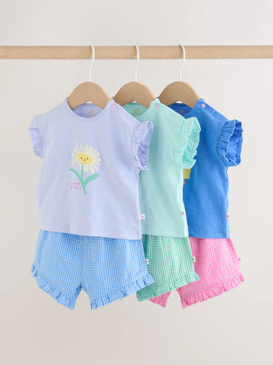 |BabyGirl| Conjunto De Bebê Com 6 Peças (0 meses a 2 anos) - Blusa De Manga Curta e Shorts com vários personagens