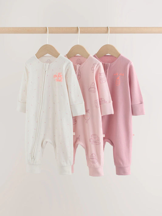 |BabyGirl| Kit com 3 Macacões de Bebê Rosa com Zíper Bidirecional (0 meses a 3 anos)